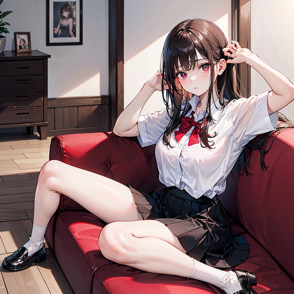 realistic image, detailed image, coherent imagen, with a 1 beautiful girl, she has a little long hair, Brown hair with red hair on the fringe that covers her forehead, Bright Reds eyes, shy expression. She is wearing a white button-down shirt, a pleated skirt, black shoes , She has a curvy body, medium-large breasts and very thick thighs, find references to atomic and that it does not have an unnatural pose, She is Sitting in a red Sofá, her legs are stretched out, their feet are touching the ground, Her only right hand is touching her right thigh and her left hand is in her left knew, She has only two arms and two legs, She has no more than two feet and no more than two hands, she has no more than five fingers and no less than five fingers on each hand, , background: she is in a house Decorated with formal things, the floor is made of wood, in the background there is a white wall, full body view, Dramatic shadows, Volumetric lighting, natural lighting,