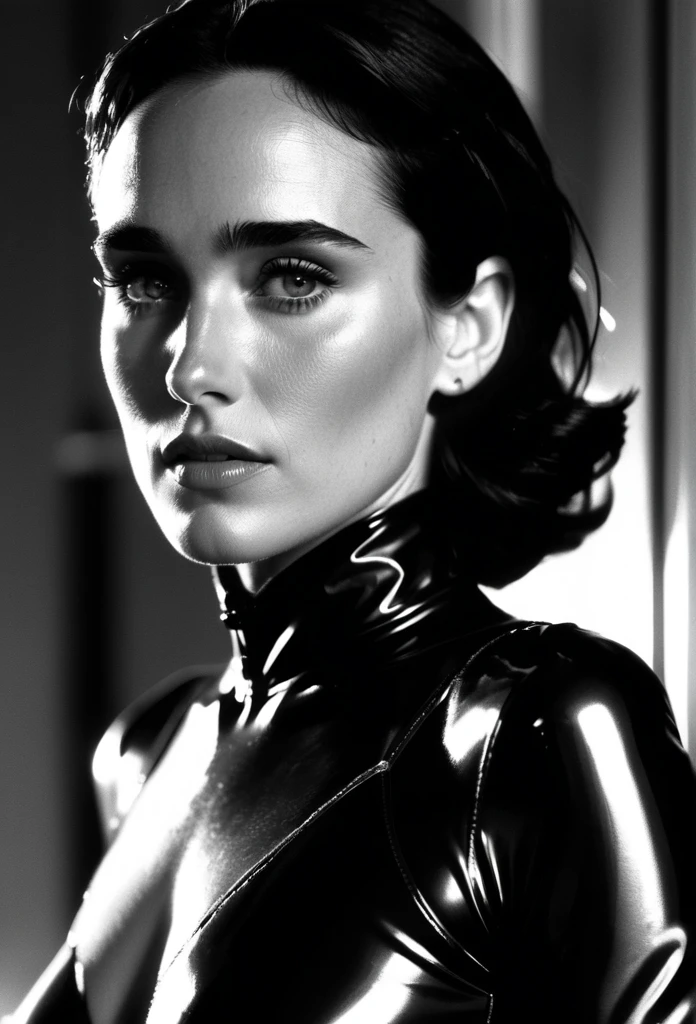medium body view , b&w, instagram photo of young Jennifer Connelly, perfect detailed eyes, natural skin, hard shadows, film grain, wearing a black latex outfit, sticking tongue out, drool