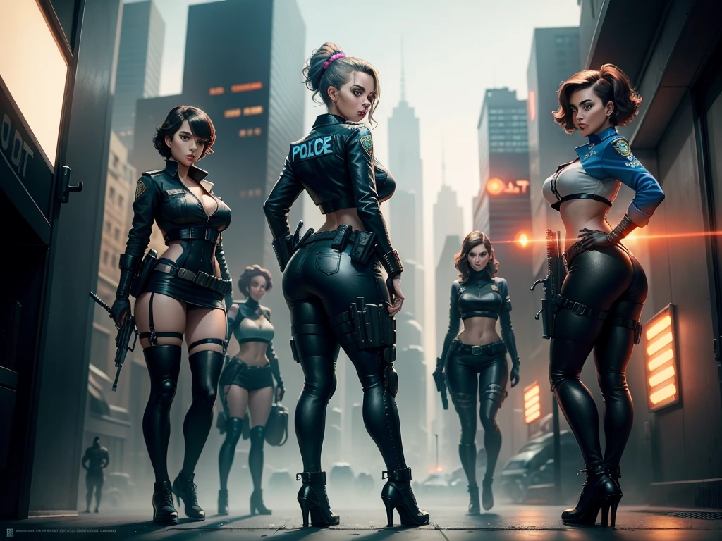 A gang of 3 sexy police women Atompunk retrofuturistic mecenries with weapons stand together in a busy futuristic city, dark fantasy