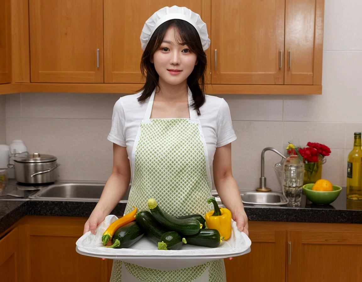 (((Ministry of Public Health))), (((1 girl))), masterpiece:whole body, Highest quality:1.8, Ultra-Realistic Capture, Very detailed:1.8, High resolution 18k, Beautiful female breasts,The clothes are transparent, Showing off your beautiful figure,The clothes are as thin as gauze,T-shirt exposed (((Standing in the kitchen, apron, home cooking, Fried zucchini peppers))), (((赤紫のapron))), (((There is zucchini))), Natural white skin, Big Natural Tits, Wet Skin, Sweaty, damp skin、Shiny, (((Closer 「Manami Hashimoto」roller'Face))), (((Non-NSFW))) Information size 1152X1536 Date March 25th, 2024 mode default type u