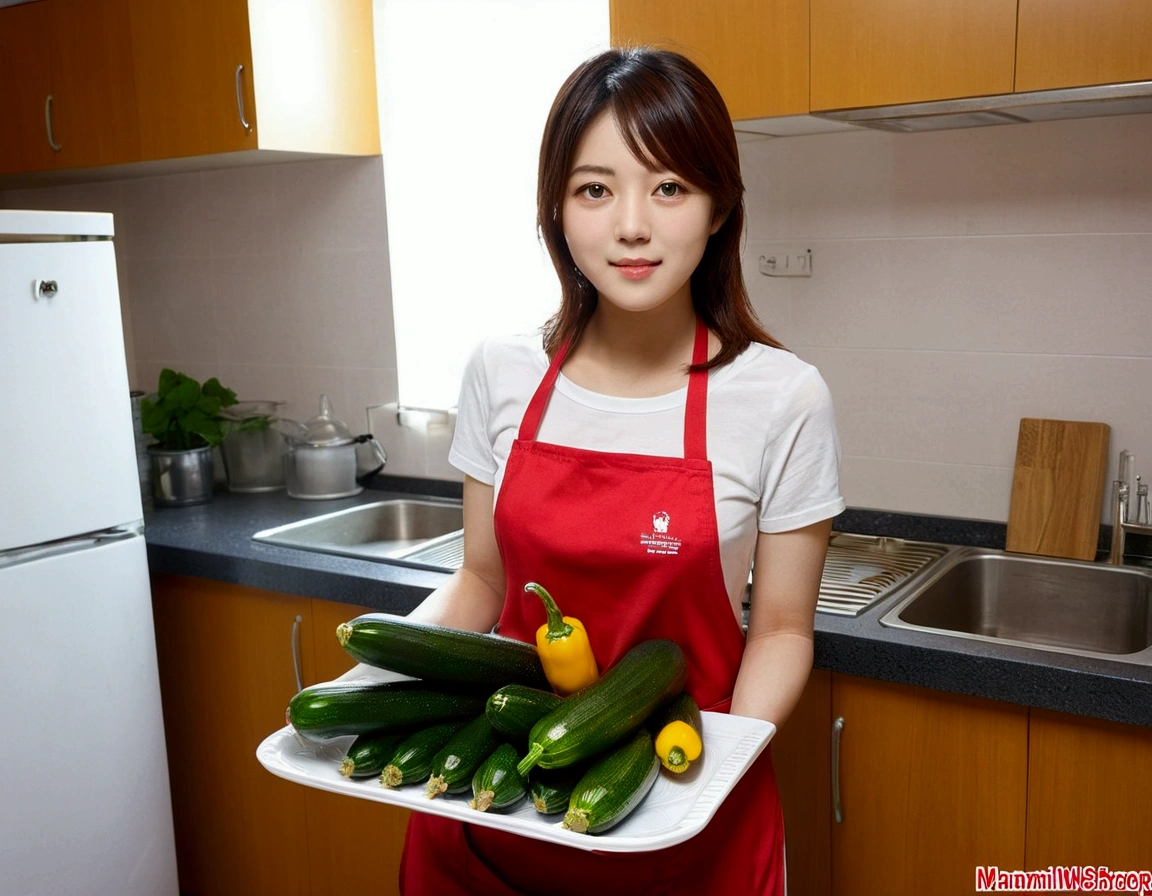 (((Ministry of Public Health))), (((1 girl))), masterpiece:whole body, Highest quality:1.8, Ultra-Realistic Capture, Very detailed:1.8, High resolution 18k, Beautiful female breasts,The clothes are transparent, Showing off your beautiful figure,The clothes are as thin as gauze,T-shirt exposed (((Standing in the kitchen, apron, home cooking, Fried zucchini peppers))), (((赤紫のapron))), (((There is zucchini))), Natural white skin, Big Natural Tits, Wet Skin, Sweaty, damp skin、Shiny, (((Closer 「Manami Hashimoto」roller'Face))), (((Non-NSFW))) Information size 1152X1536 Date March 25th, 2024 mode default type u