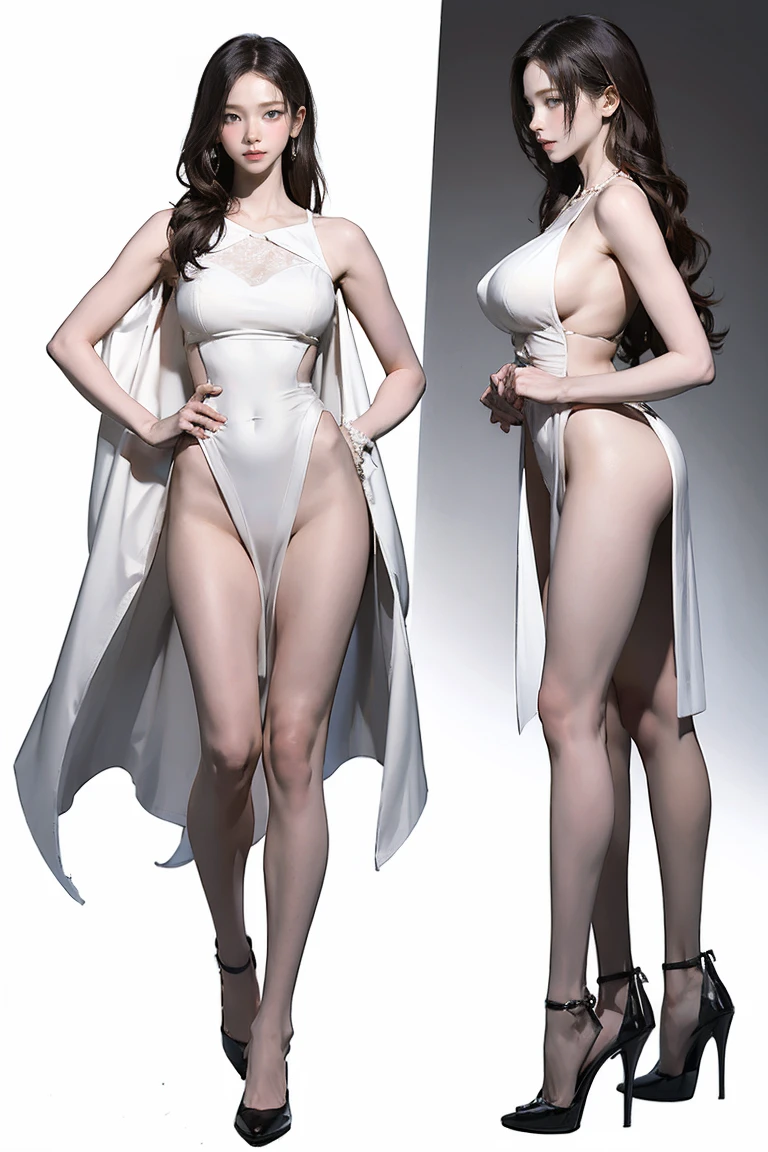 Master of animation, A perfect masterpiece, On a pure white background、Dressed in cool, sexy and modern clothes、Sexy mature modern woman standing, Flowing silver hair, Full Body Stand Posture, Thin legs, Straight chest, Detailed facial details, Natural and beautiful standing posture, Crisp and realistic body detail,NSFW