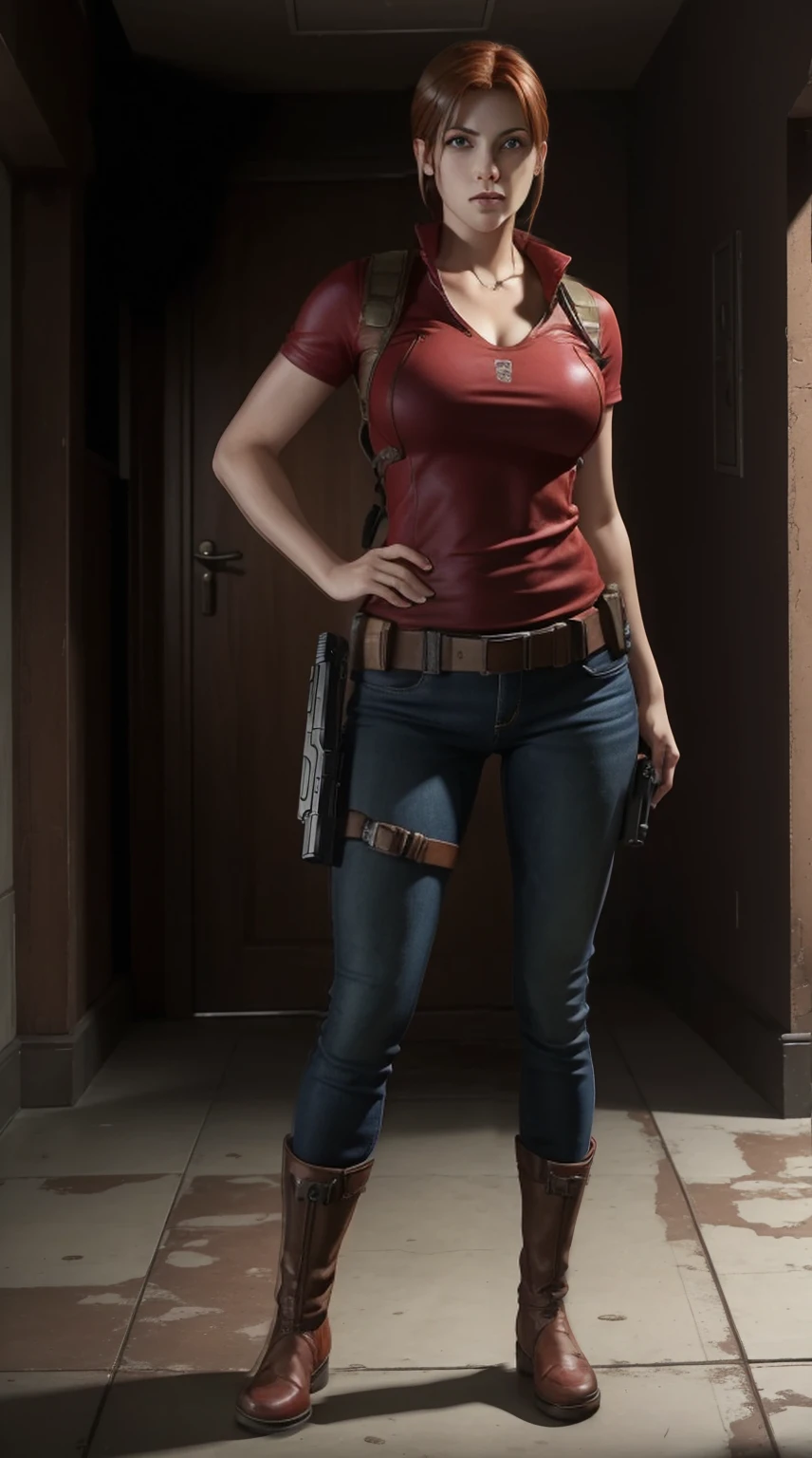 ((Full body photo, standing, feet on the floor)) Masterpice, Resident evil, beautiful Claire Redfield, Claire redfield, full body, beautiful eyes, gun in her hand, gorgeous face
