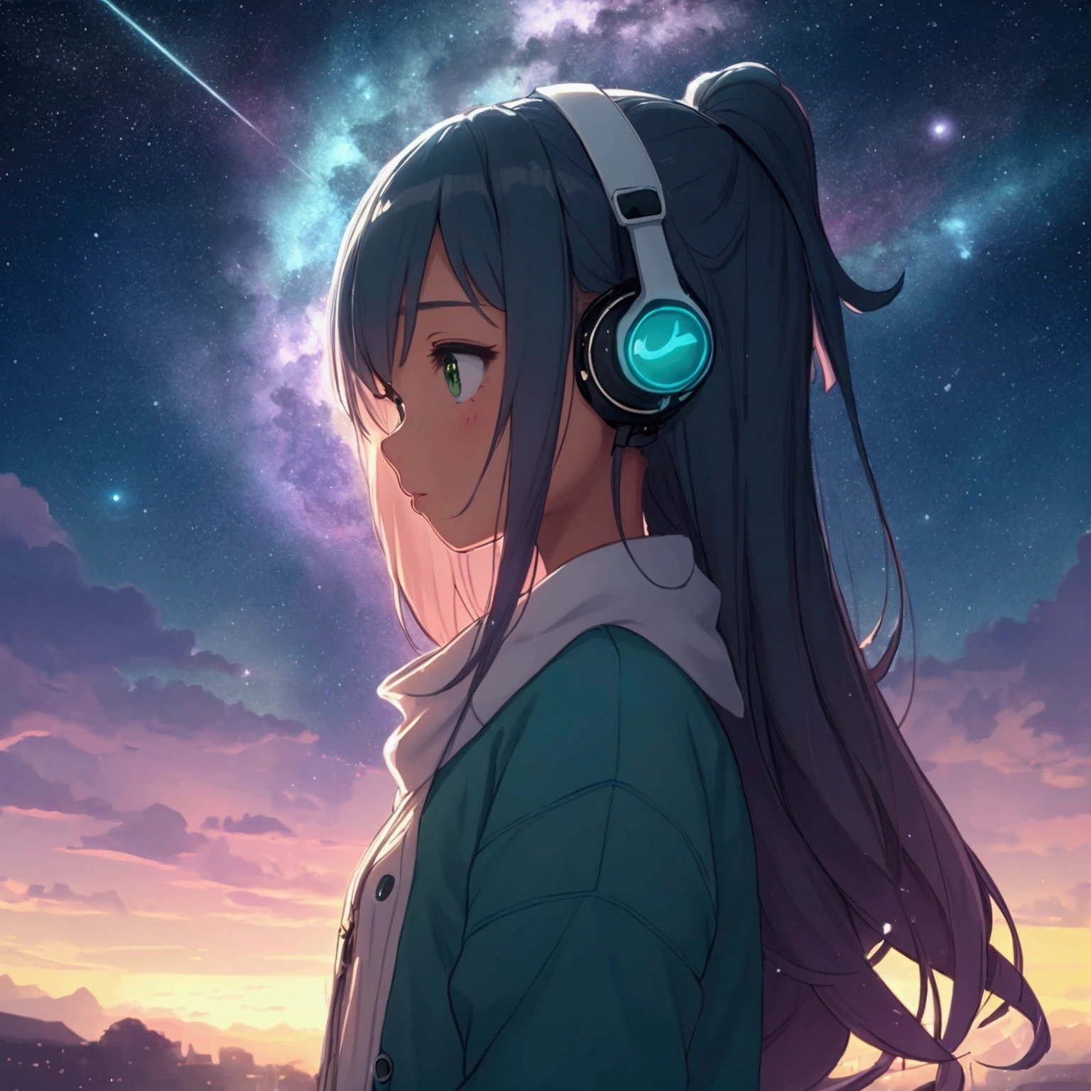 Serena, young girl, headphones on, fleet, shining stars, immersed melodies, hip hop lofi, They shine like shooting stars, color according to the moonlight.. que refleja un cielo estrellado donde las constelaciones se mueven y las nubes fleetn por la escena, while a great shooting star lights up the sky. Smooth and ethereal animation style, with a palette of soft and nocturnal colors: dark blues, luminous greens and stellar pinks. . The atmosphere is magical and dreamy. foreground, side profile.