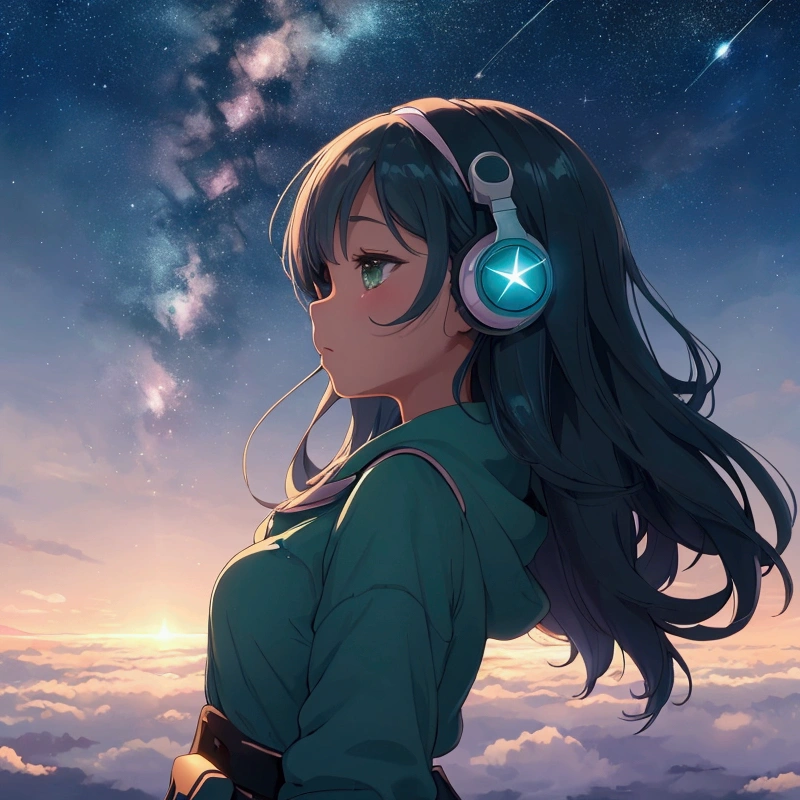 Serena, young girl, headphones on, fleet, shining stars, immersed melodies, hip hop lofi, They shine like shooting stars, color according to the moonlight.. que refleja un cielo estrellado donde las constelaciones se mueven y las nubes fleetn por la escena, while a great shooting star lights up the sky. Smooth and ethereal animation style, with a palette of soft and nocturnal colors: dark blues, luminous greens and stellar pinks. . The atmosphere is magical and dreamy. foreground, side profile.
