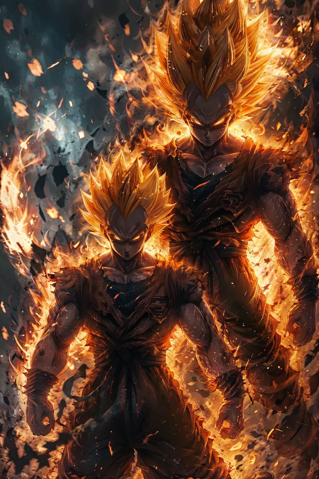 Super Saiyan 1,One boy,artist name,aura,Blonde,Clenched hands,Clenched handss,debris,Daugi,electricity,残りfire,fire,gloves,Shine,Male Focus,Muscular,Orange background,alone,Spiked Hair,Are standing,teeth,Torn clothes,vein,watermark