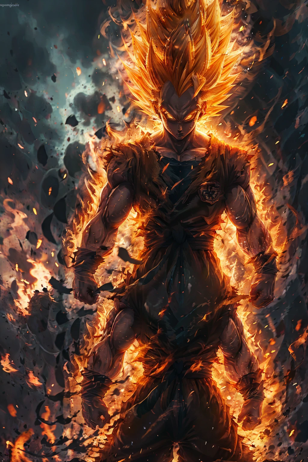 Super Saiyan 1,One boy,artist name,aura,Blonde,Clenched hands,Clenched handss,debris,Daugi,electricity,残りfire,fire,gloves,Shine,Male Focus,Muscular,Orange background,alone,Spiked Hair,Are standing,teeth,Torn clothes,vein,watermark