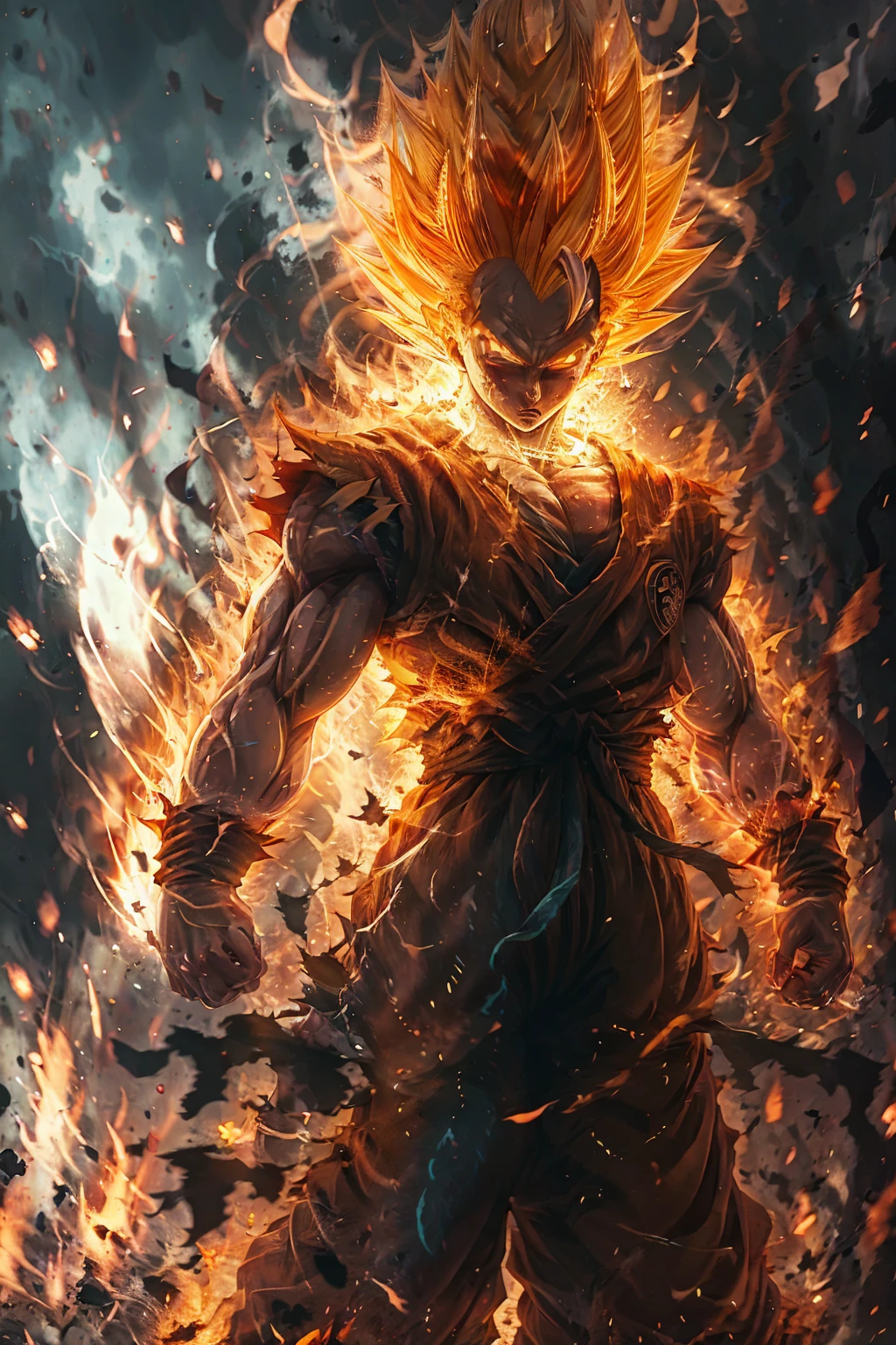 Super Saiyan 1,One boy,artist name,aura,Blonde,Clenched hands,Clenched handss,debris,Daugi,electricity,残りfire,fire,gloves,Shine,Male Focus,Muscular,Orange background,alone,Spiked Hair,Are standing,teeth,Torn clothes,vein,watermark