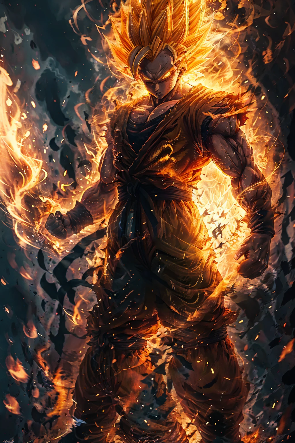 Super Saiyan 1,One boy,artist name,aura,Blonde,Clenched hands,Clenched handss,debris,Daugi,electricity,残りfire,fire,gloves,Shine,Male Focus,Muscular,Orange background,alone,Spiked Hair,Are standing,teeth,Torn clothes,vein,watermark