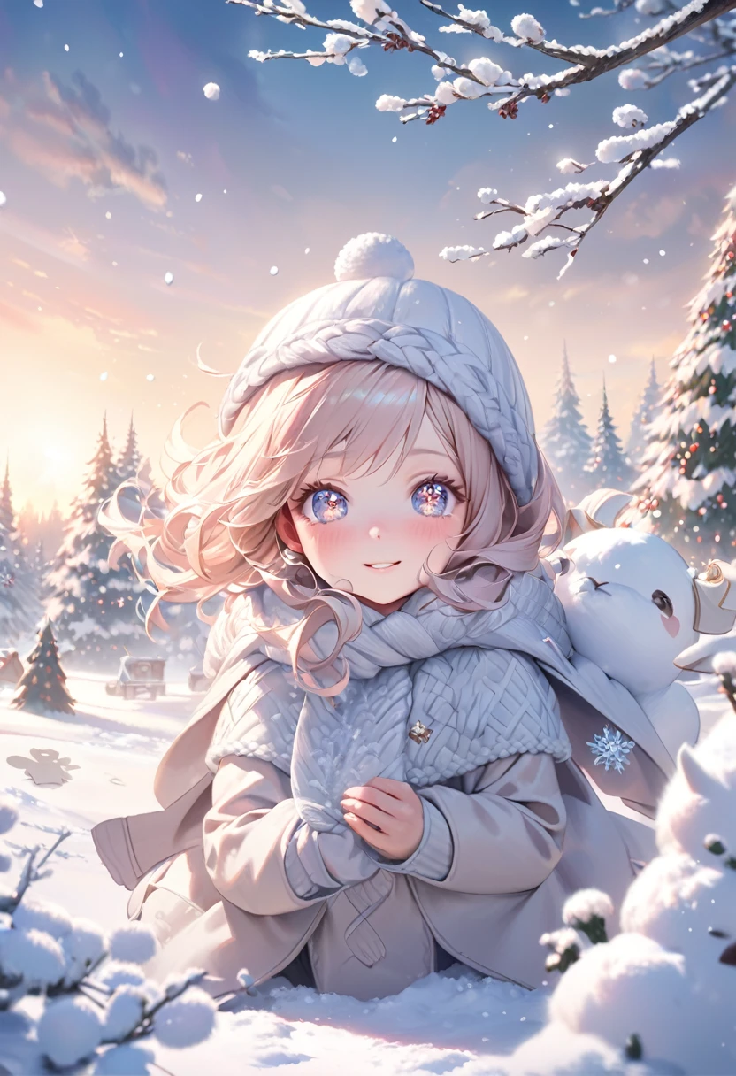 With a girl, Snow Scene, Winter Wonderland, Cute and innocent look, Rosy Cheeks, Sparkling eyes, Warm winter clothes, White, Final Fantasy, White Devil Guide, Oak Branch, Dynamic pose、Footprints in the snow, Falling snow, Frost covered tree, Snowy ground, Soft snow texture, Gentle and subtle lighting, Pastel Color Palette, Dreamy atmosphere, Quirky and magical, High-definition masterpiece:1.2, Very detailed, Realistic:1.37, Bright colors, Bokeh、An innocent smile、Hair blowing in the wind、Face close-up