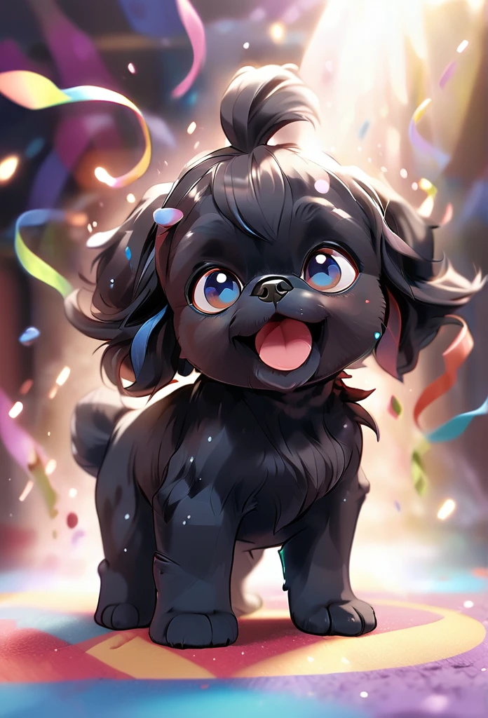 Ultra-small deformation,pop art, (from above), A black Shih Tzu puppy with blue eyes is curling up in the air, surrounded colorful ribbons and particles shaped star, falling through the air, lie on back spreading arms and legs wide, close up happily expression toward the viewer, smoke screen, speed line, Dynamic Motion Blur, Dynamic action scenes 3D Pixar style