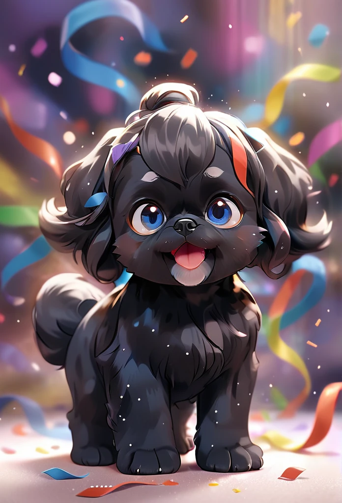 Ultra-small deformation,pop art, (from above), A black Shih Tzu puppy with blue eyes is curling up in the air, surrounded colorful ribbons and particles shaped star, falling through the air, lie on back spreading arms and legs wide, close up happily expression toward the viewer, smoke screen, speed line, Dynamic Motion Blur, Dynamic action scenes 3D Pixar style