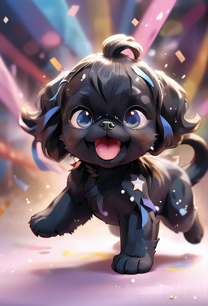 Ultra-small deformation,pop art, (from above), A black Shih Tzu puppy with blue eyes is curling up in the air, surrounded colorful ribbons and particles shaped star, falling through the air, lie on back spreading arms and legs wide, close up happily expression toward the viewer, smoke screen, speed line, Dynamic Motion Blur, Dynamic action scenes 3D Pixar style