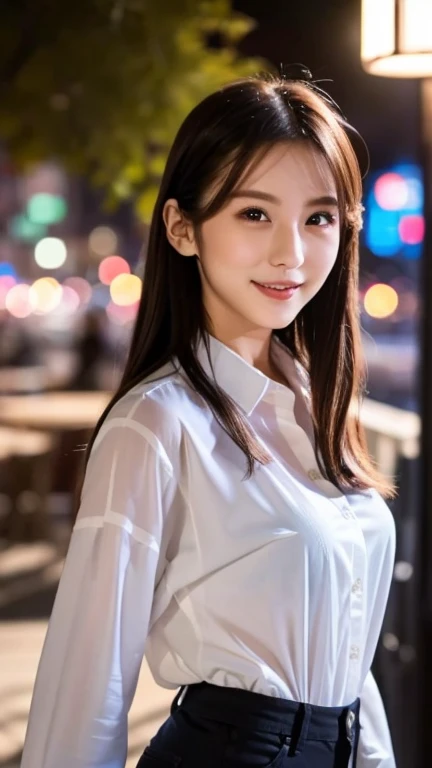 1 Girl, (Wearing a oversized shirt:1.2), (Supercluster), Very beautiful Japanese idol portraits, 
(RAW Photos, Highest quality), (Realistic, Realistic:1.4), (masterpiece), 
Very delicate and beautiful, Very detailed, 2k wallpaper, wonderful, finely, Very detailed CG Unity 8K wallpaper, Very detailed, High resolution, Soft Light, 
Beautiful detailed girl, Very detailed eyes and face, Beautiful and sophisticated nose, Beautiful and beautiful eyes, Cinema Lighting, 
(Fashion magazine photography:1.3), (Outdoor), (night lighting), (Waterfront), 
(Semi-long hair), 
Complete Anatomy, Slender body, Small breasts, smile with teeth, open mouse, skinny pants, sheer shirt, 