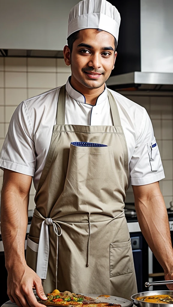 A sexy indian chef, cooking, wearing apron , homoerotic ,best quality photo, seductive expression,penis
