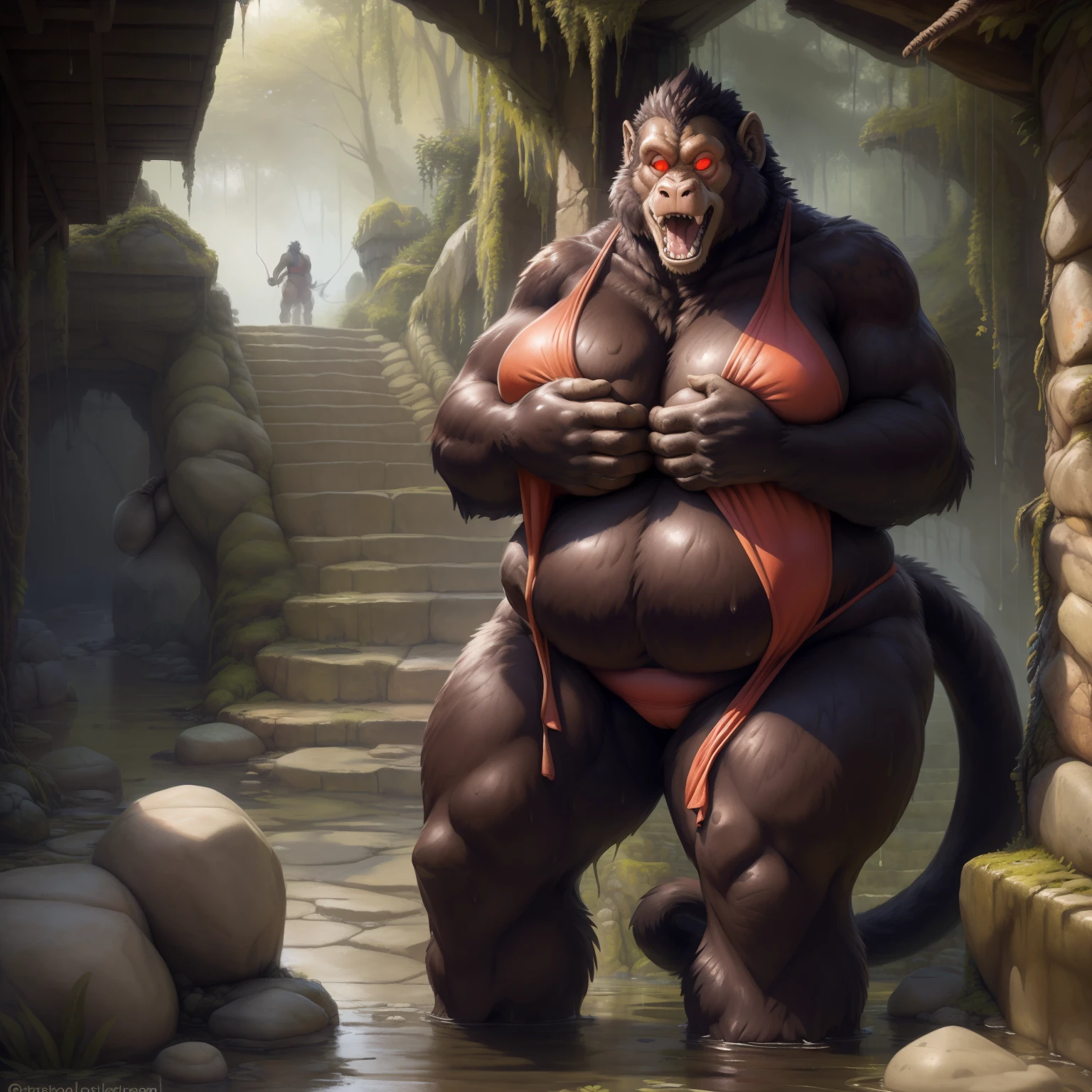 solo, breath (ultra detailed), a beautiful and detailed full size portrait of a female anthro gorilla, oozaru, brown fur, fur body, monkey tail, red eyes, close up view, glowing eyes, empty eyes, tail, bedroom eyes, detailed eyes, big body, sexy body, (wide body). goddess, kenket, Ross Tran,ruan jia, trending on artstation,foxovh, cenematic lighting, front view, big breaths, huge boobs, big , big fat , big , big , big , wet, raining, day, fat, obese, (((stone hallway, distant swamp, little rocks, standing, stairs, one piece bikini, open mouth, shy, covering self))), curvy figure,
