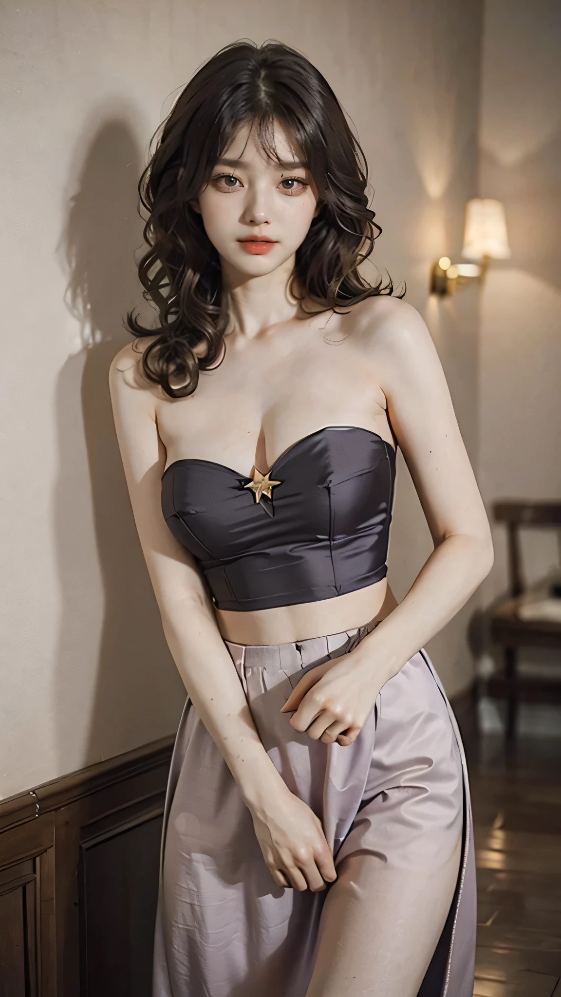 detailed background, masterpiece, best quality, 1 person , curly hair, long hair, purple eyes, star in eye , gold Strapless blouse, long skirt