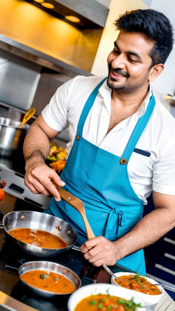 A sexy indian chef, cooking, wearing apron , homoerotic