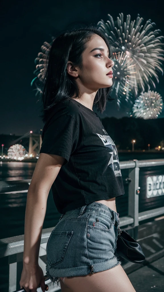 (Best quality, skin detail), 1 girl, White skin, goth style makeup, profile look up, straight black hair, fireworks background on the bridge, Oversized black t-shirt, gray denim shorts, cigarette in hand