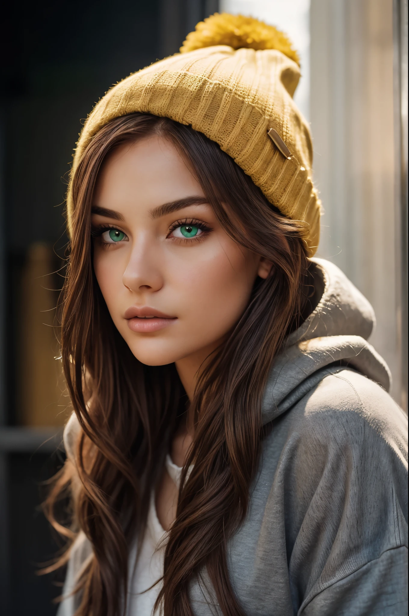 A captivating portrait of a young woman with long, flowing red hair, softly illuminated against a dark background. She wears a cozy, oversized gray hoodie and a chunky mustard-yellow knit beanie that adds warmth to her appearance. Her striking green eyes and natural makeup highlight her delicate features, creating an inviting and serene expression. The lighting is soft and moody, enhancing the textures of her hair and clothing, while giving the image a cinematic quality.
