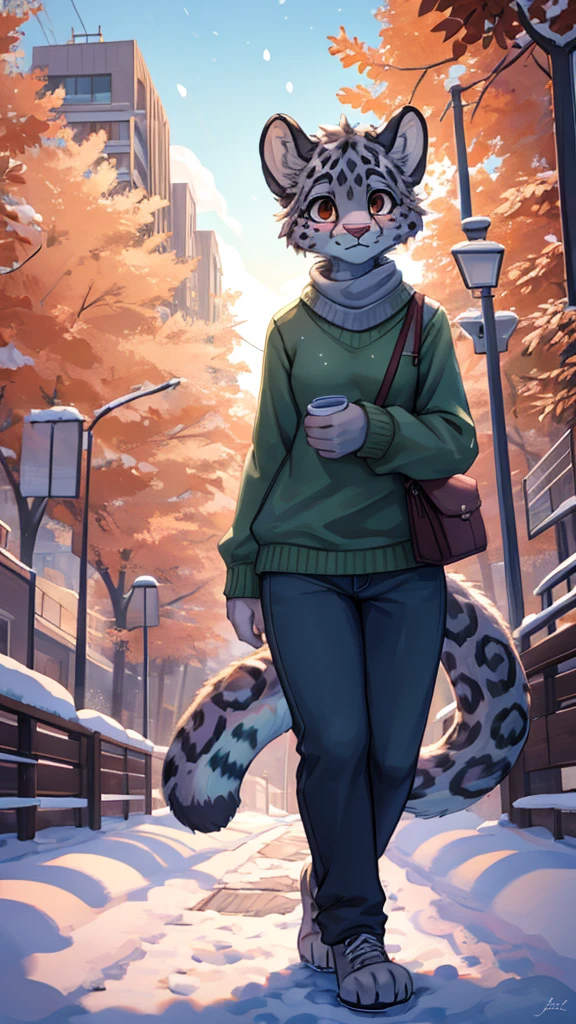 (very detailed illustration: 1.2), best quality, masterpiece, solo, natural lighting, An young anthro female snow leopard with brown eyes, she has a snow leopard tail, she has snow leopard fur, she is dressed in a green sweater and dark blue pants, she is in a big bright city, she is in a park where there are trees, she is on a gray gravel road walking.