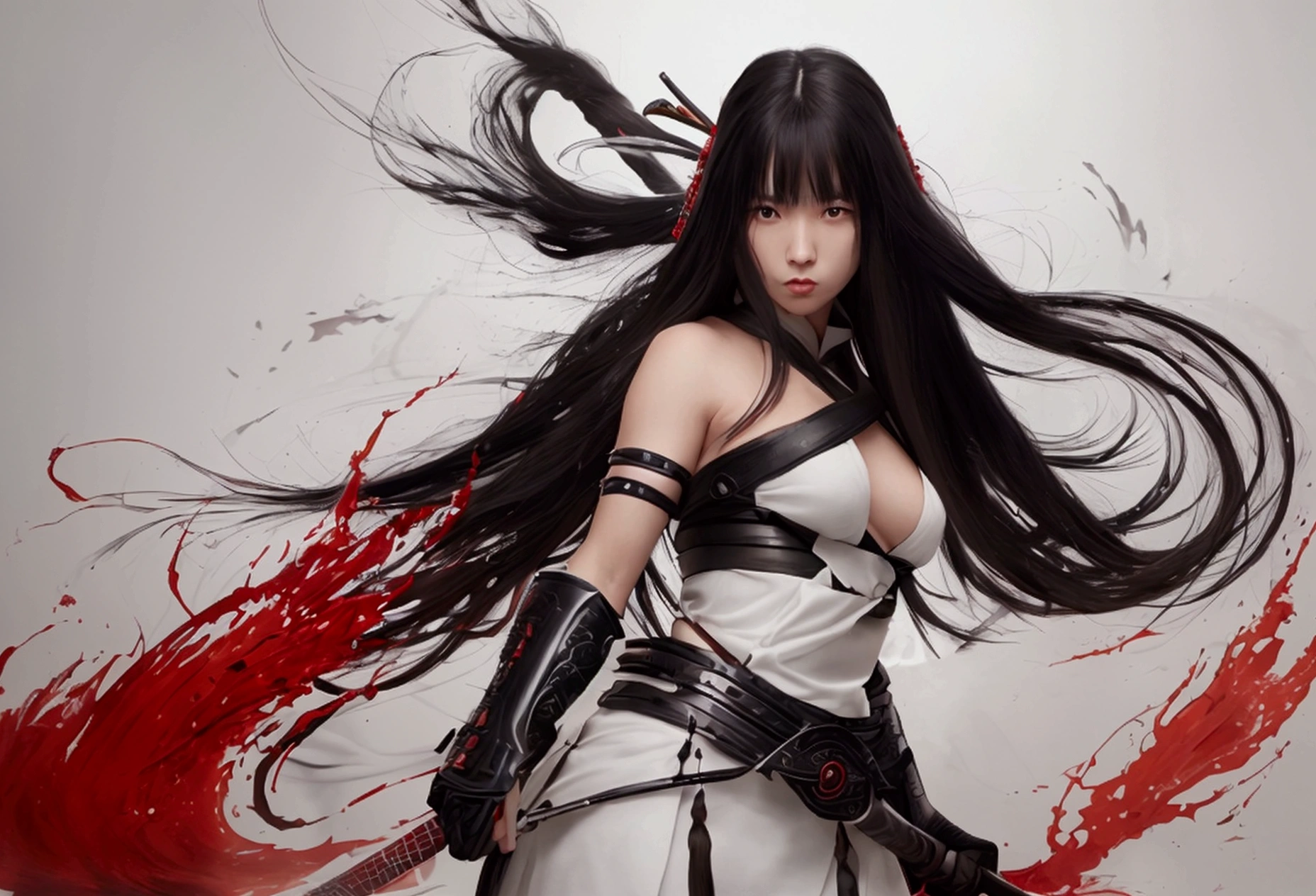 1 woman, weapon, long hair, black hair, white background, solo, looking at viewer, black eyes, tabi, floating hair, full body, (samurai), red armor, fractal art, abstract background, ink wash painting , masterpiece, ultra realistic, 32k, extremely detailed CG unity 8k wallpaper, best quality

