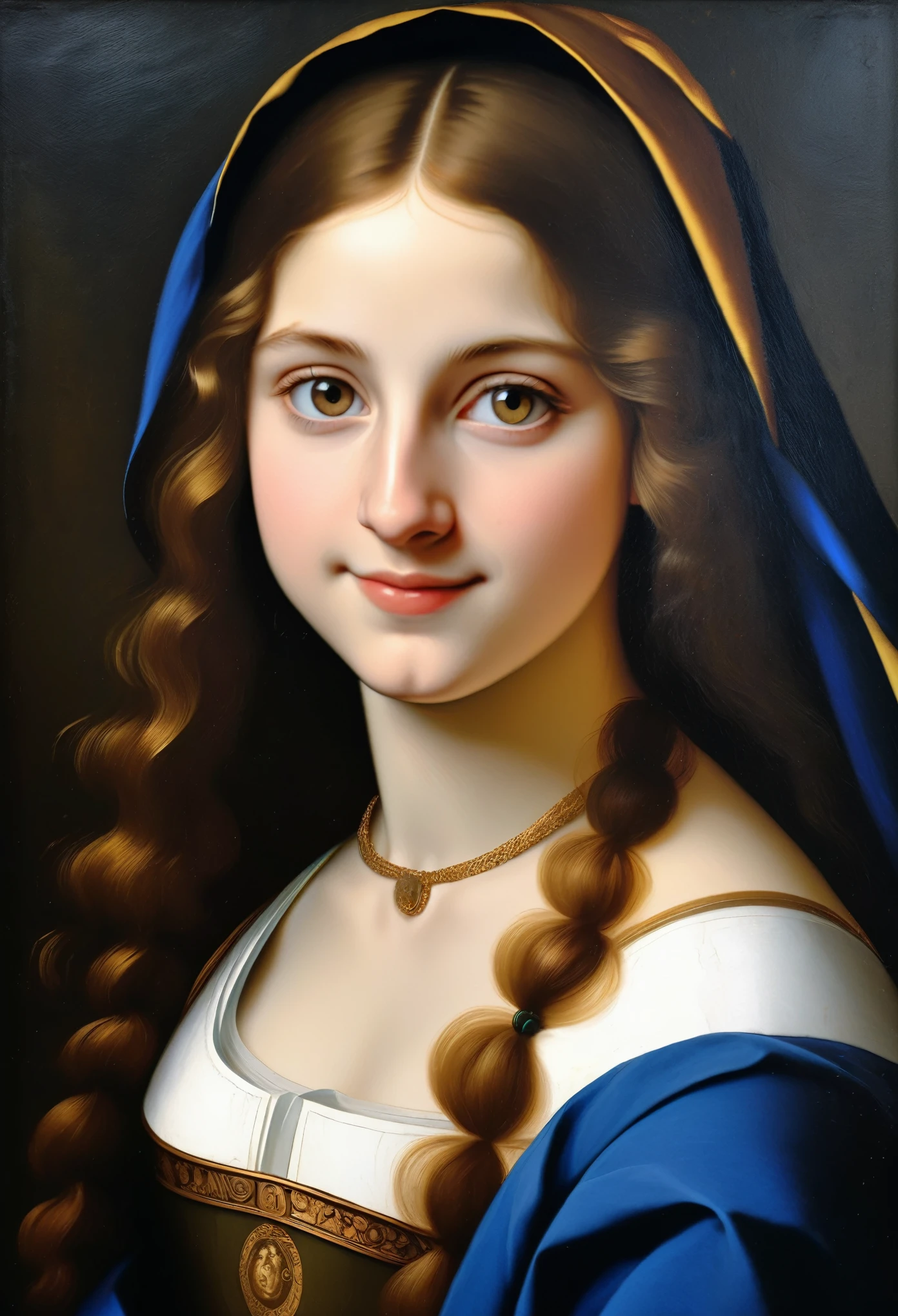 Beautiful Maxa, Beautiful eyes, 18 years old, mystery smile, golden ratio, ((Guercino style)), gloomy Renaissance, dark stone studio, two-tone lighting, ((Best quality, masterpiece)), ((Highest detail)), RAW: 1,1, 8K