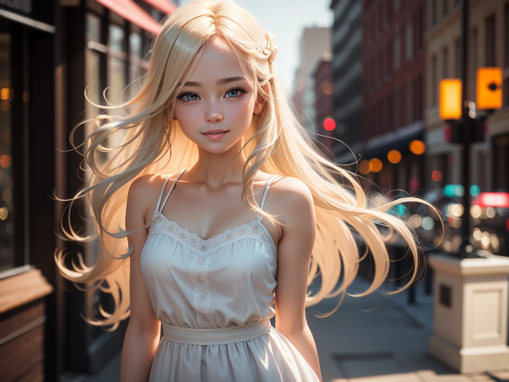 best quality, masterpiece, highres, 1girl, white flared chiffon short dress, smile, closed mouth,lips, blonde long hair, detailed beautiful eyes,detailed eyelash, Beautiful face,upon_body, tyndall effect,photorealistic, rim lighting, two tone lighting,(high detailed skin:1.2), 8k uhd, dslr, soft lighting, high quality, volumetric lighting, candid, Photograph, high resolution, 4k, 8k, Bokeh, in downtown, afternoon