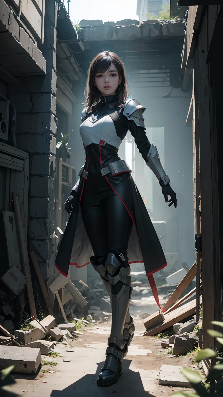 ((Full body photo, standing, feet on the floor)) ((Best Quality)), ((Masterpiece)), (Very Detailed: 1.3), 3D, Shitu-mecha, Beautiful woman in ruins of a city in forgotten war, long black hair, brave face, pink details, warrior suit, sci-fi technology, HDR (High Dynamic Range), ray tracing, nvidia RTX, super resolution, unreal 5, subsurface scattering, PBR texture, post-processing, anisotropic filtering, depth of field, maximum sharpness and sharpness, multi-layered texture, Albedo and specular mapping, surface shading, accurate simulation of light-material interactions, perfect ratios, octane rendering, duotone lighting, low ISO, white balance, rule of thirds, wide aperture, 8K RAW, high efficiency sub-pixels, subpixel convolution, luminous particles, light scattering, Tyndall effect
