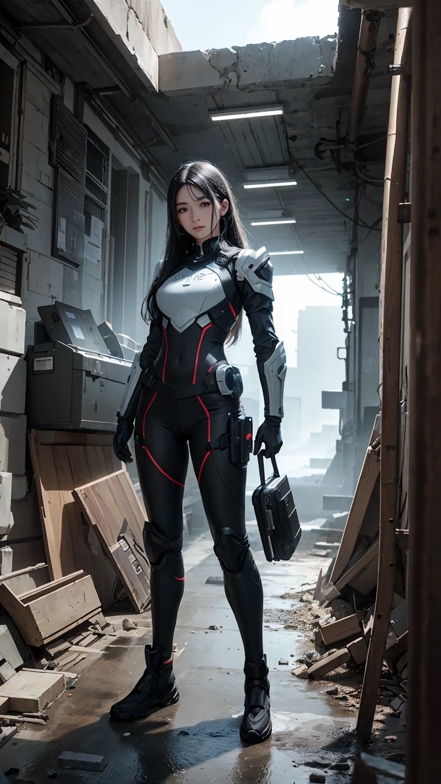 ((Full body photo, standing, feet on the floor)) ((Best Quality)), ((Masterpiece)), (Very Detailed: 1.3), 3D, Shitu-mecha, Beautiful woman in ruins of a city in forgotten war, long black hair, brave face, pink details, warrior suit, sci-fi technology, HDR (High Dynamic Range), ray tracing, nvidia RTX, super resolution, unreal 5, subsurface scattering, PBR texture, post-processing, anisotropic filtering, depth of field, maximum sharpness and sharpness, multi-layered texture, Albedo and specular mapping, surface shading, accurate simulation of light-material interactions, perfect ratios, octane rendering, duotone lighting, low ISO, white balance, rule of thirds, wide aperture, 8K RAW, high efficiency sub-pixels, subpixel convolution, luminous particles, light scattering, Tyndall effect