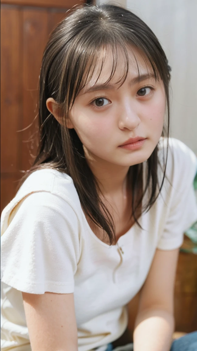 ((Extremely precise and accurate anatomy:1.0)), (photo Realistic:1.4), (hyper Realistic:1.4), (最高品質のRealisticな肌の質感:1.4), (Improvement of quality:1.4), (Enhances the beauty of skin texture:1.1), Clean and glowing skin, mesh, thin:1.2, (Realistic:1.3), Realisticなライティング, (Smoother lighting:1.05), (Improving the quality of cinema lighting:0.9), Backlight, A gentle light on your face, Ray Tracing, (Bright light:1.2), 32K, One Japanese woman, fine grain, Detailed face, (Film Grain:1.1),(Accentuates body lines:1.1), High resolution, Natural look, Kind eyes, Improves hair quality, Delicate light and shadow, Transparent muscles, Graceful pose, Beautiful Eyes, Sharp details, Soft light reflection, Beautiful contours, Delicate skin tone, Fine hair texture, Natural background, ,(((Downward))),((Spread your legs)),A loose-fitting camisole,barefoot,One Girl,Realistic,Bedroom、Looks sleepy