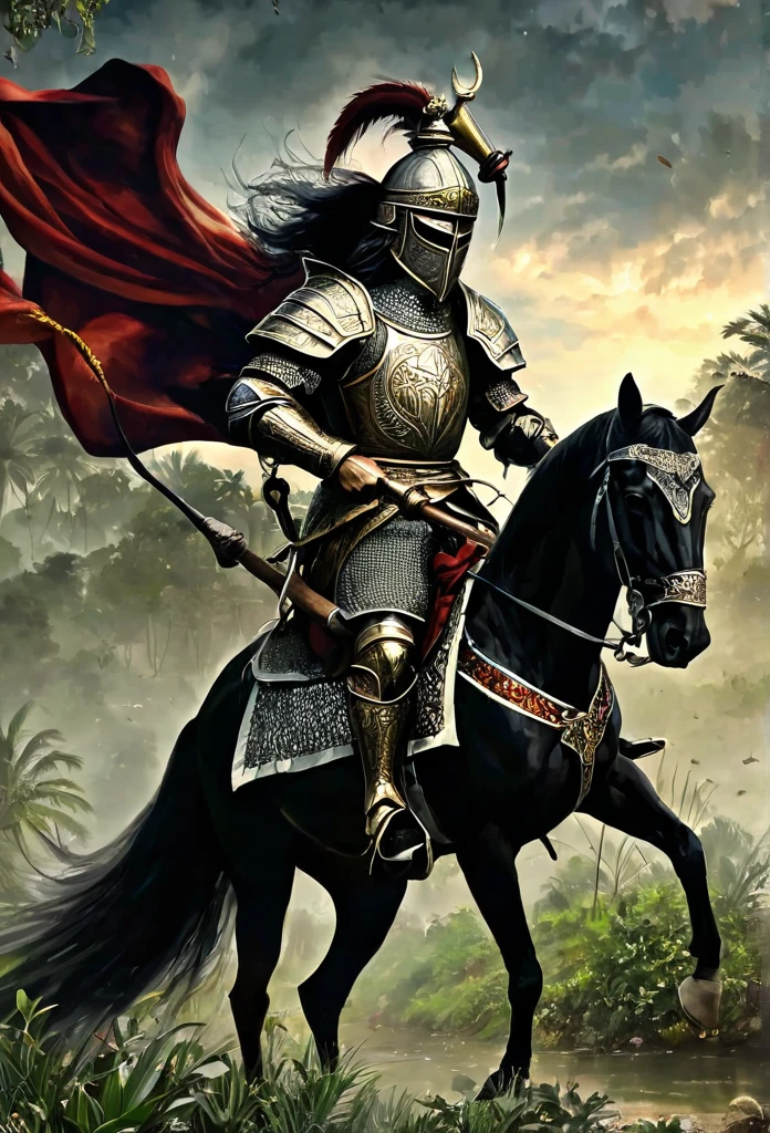 
(((ogum ))) na Umbanda é associado a um cavalheiro Saint George montado em seu cavalo e matando o dragao na tradição católica. ogum é o Orixá da guerra, of strength and work, representing courage and protection. Saint George, known as the holy warrior, shares these characteristics, being venerated as a defender against evil. 16KLong hair, Bblack hair, Bblack hair, Masterpiece artwork, serious, Medieval helmet , Masterpiece artwork, super detaill, serious, 