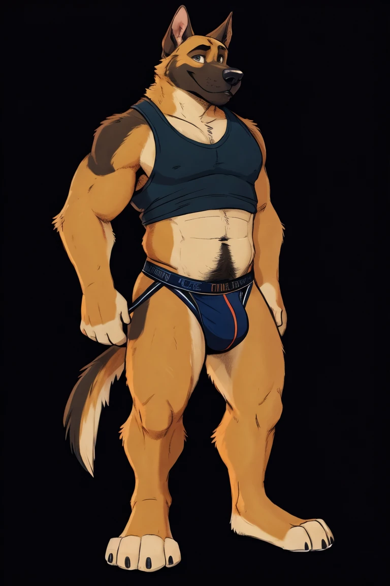 (pinup), Anthro, male, solo, full length portrait, domestic dog,( belgian malinois:1.1), muscular, athletic, abs, smile, digitigrade, barefoot, tanktop ,shirt lift, jockstrap, sweat, sweaty, happy trail, (black background:1.1), digital artwork, (flat colors:1.2), (by adios, by k-9, by paintfox:.8), by delirost, by tritscrits, (detailed fur, detailed fur texture:0), (masterpiece, best quality, high quality, highres, ultra-detailed)