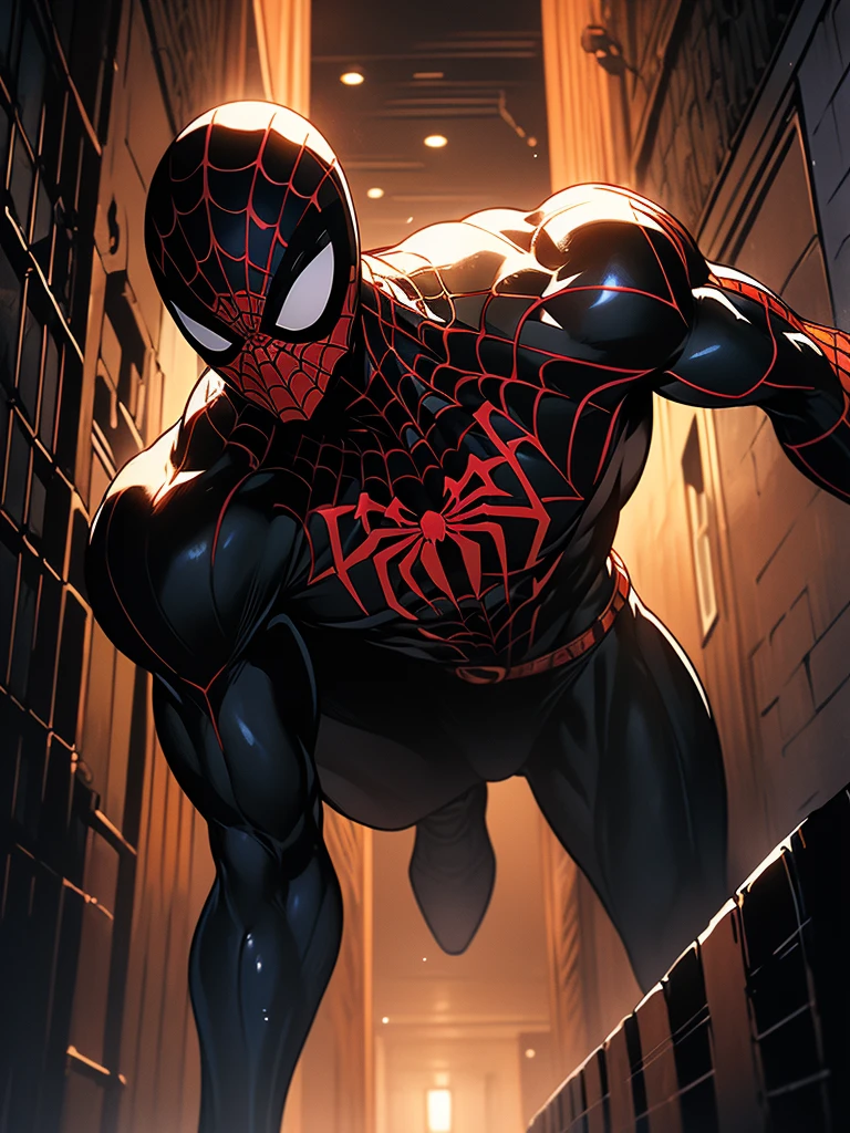Digital art featuring a stylized, crouching figure reminiscent of Spider-Man in a dark, reflective hallway. The character is depicted in a black costume with a prominent, bright yellow spider emblem on the chest. The costume has a shiny, almost liquid texture, with rainbow-colored highlights, particularly on the mask, which features a vibrant multicolored visor. The background is a dimly lit tiled hallway with reflective surfaces, adding to the overall dark and mysterious atmosphere.