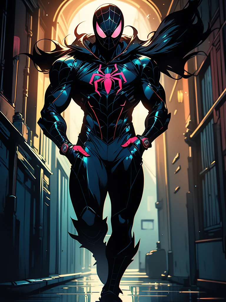 Digital art featuring a stylized, crouching figure reminiscent of Spider-Man in a dark, reflective hallway. The character is depicted in a black costume with a prominent, bright yellow spider emblem on the chest. The costume has a shiny, almost liquid texture, with rainbow-colored highlights, particularly on the mask, which features a vibrant multicolored visor. The background is a dimly lit tiled hallway with reflective surfaces, adding to the overall dark and mysterious atmosphere.