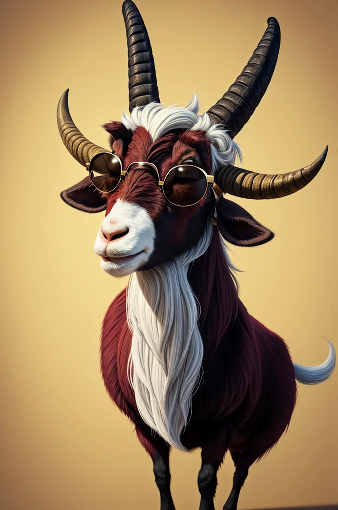"Create an image of a cartoon-style goat, shown with its entire body. The goat should be wearing cool sunglasses like those of Garnet from Steven Universe. It should have a prominent goat beard, not a human beard, and large but not overly exaggerated horns. The overall style should be cartoonish but not overly exaggerated, somewhere between realistic and cartoon." Más animado