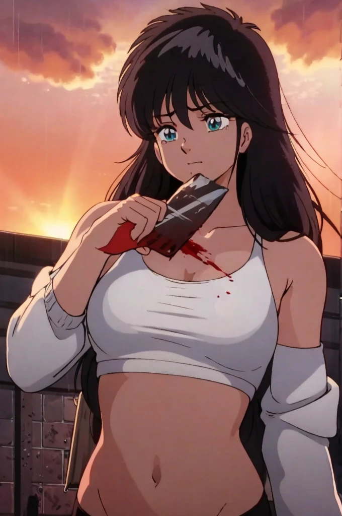 masterpiece, Highest quality, View your viewers, In-person audience, barefoot, One girl, alone, Upper Body, bow, Seraphim, Disgusted face, at night, heavy rain, Outdoor, city, Crop top, belly button, Wet clothes, drenched, overly too long sleeves, Put your hands in your sleeves, Tears of Blood, Bloodstain, Dark Alley, Blood splattered on the ground, Red bright light, Glowing Eyes, Depth of written boundary,Holding a knife,Red Sky, atmosphere,Perfect hands