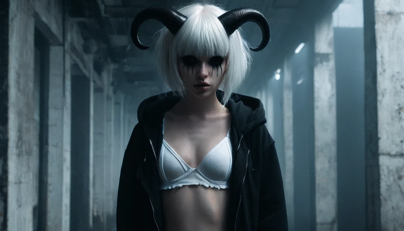 (Best Quality,hight resolution,Masterpiece, full body view:1.2),Ultra-detailed,demon woman with horns,dressed in black hoodie and white panties,sickly,standing in a horror sci fi scenario,horror sci fi aesthetic,gloomy ecstasy,fetish,dark gloomy atmosphere,gritty texture,Retro-atmosphere,warped reality,melancholic expression on his face,mysterious aura,foggy atmosphere,foggy background,Subtle color palette,provocative pose,Strong emotions,Coming Out of the Depths of Despair,Piercing gaze,intense shadows,Plunged in Darkness,dark industrial aesthetic,ominous vibe,A supernatural sensation,Loss of Place in Time and Space,Eerie silence.asymmetrical bangs, freckles, white short hair, Bangs, freckles, gray eyes,