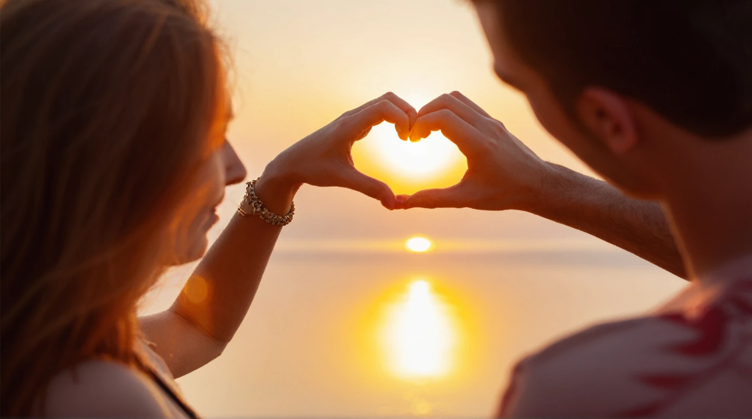 there is a man and woman making a heart shape with their hands, love is begin of all, man and woman in love, shutterstock, uploaded, by Jakob Gauermann, half image, by Thomas Häfner, by Niko Henrichon, romance, dlsr photo, love is infinity, stock photo, photo still, gorgeous romantic sunset