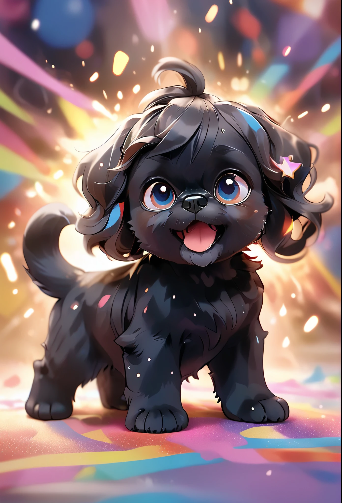 Ultra-small deformation,pop art, (from above), A black Shih Tzu puppy with blue eyes is curling up in the air, surrounded colorful ribbons and particles shaped star, falling through the air, lie on back spreading arms and legs wide, close up happily expression toward the viewer, smoke screen, speed line, Dynamic Motion Blur, Dynamic action scenes 3D Pixar style