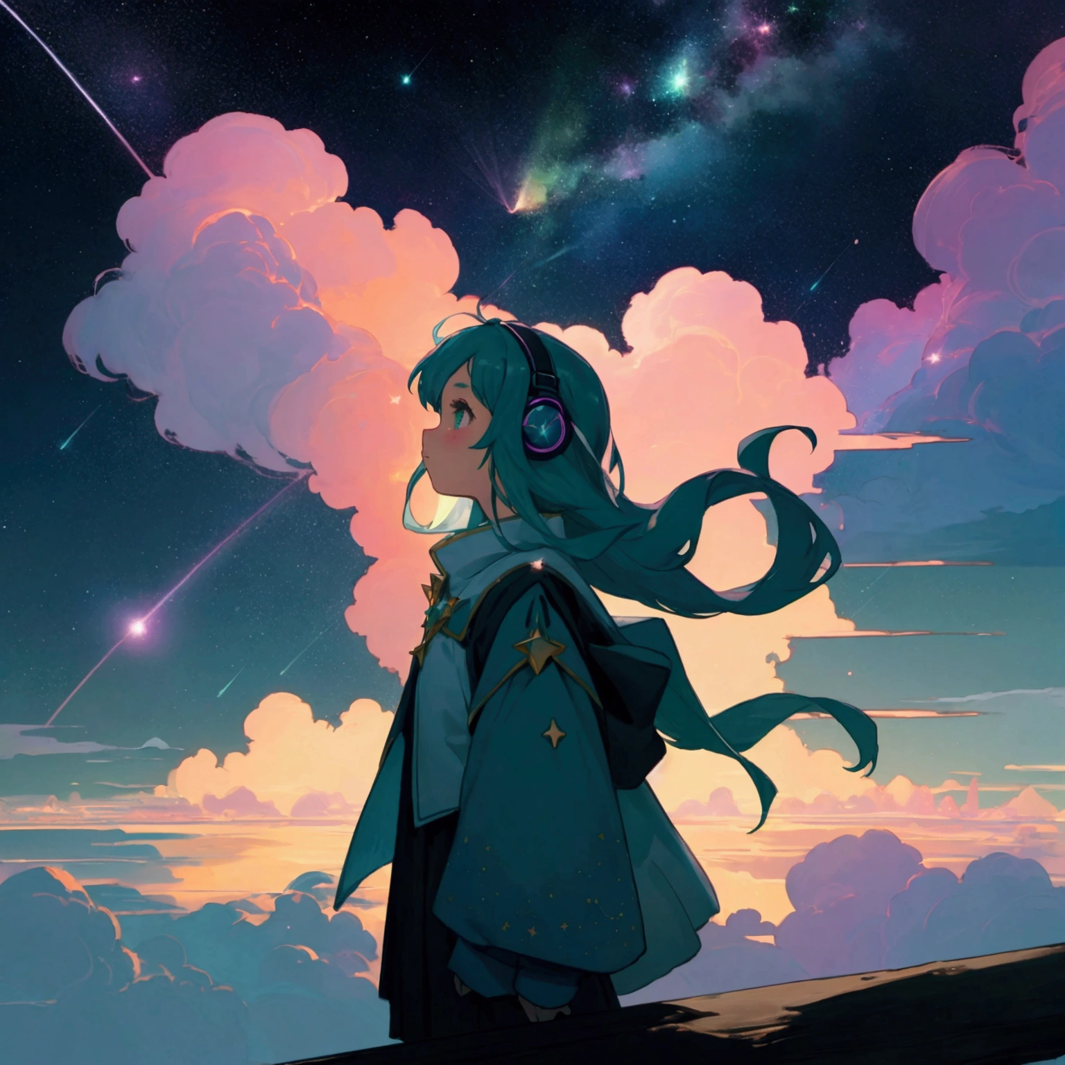 Serena, young girl, headphones on, fleet, shining stars, immersed melodies, hip hop lofi, They shine like shooting stars, color according to the moonlight.. que refleja un cielo estrellado donde las constelaciones se mueven y las nubes fleetn por la escena, while a great shooting star lights up the sky. Smooth and ethereal animation style, with a palette of soft and nocturnal colors: dark blues, luminous greens and stellar pinks. . The atmosphere is magical and dreamy. foreground, side profile.