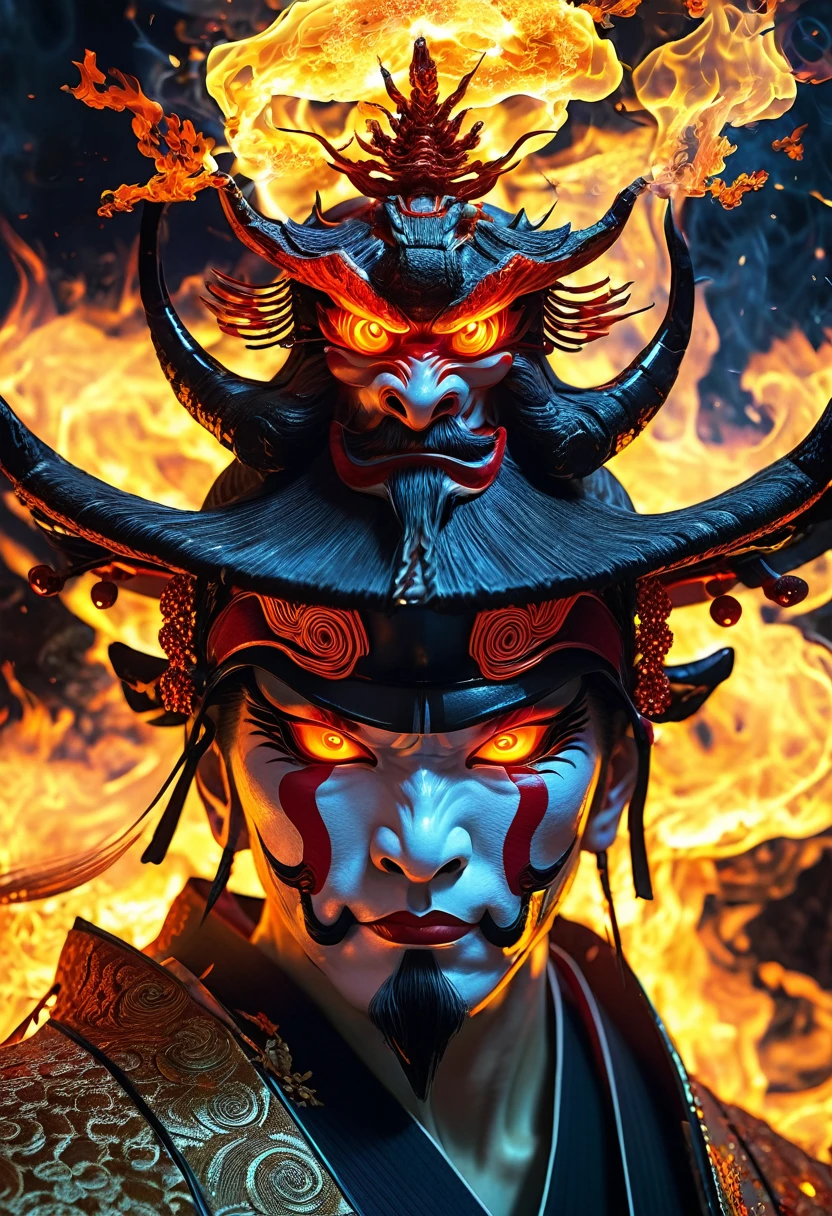 A Japanese demon god with a Japanese hat and samuray eyes of fire, in error form, bug texture, informatica, hack, matrix, (((you can't see his face))), green matrix numbers background