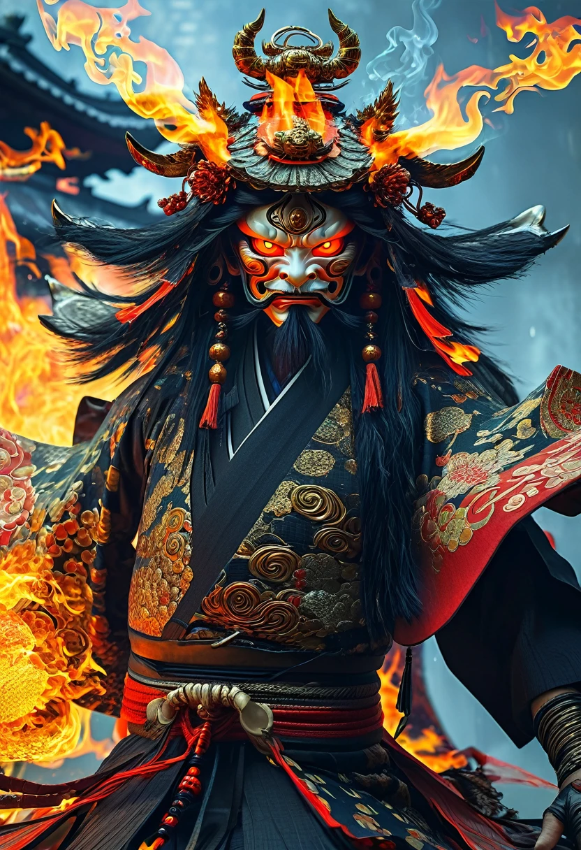 A Japanese demon god with a Japanese hat and samuray eyes of fire, in error form, bug texture, informatica, hack, matrix, (((you can&#39;t see his face))), green matrix numbers background