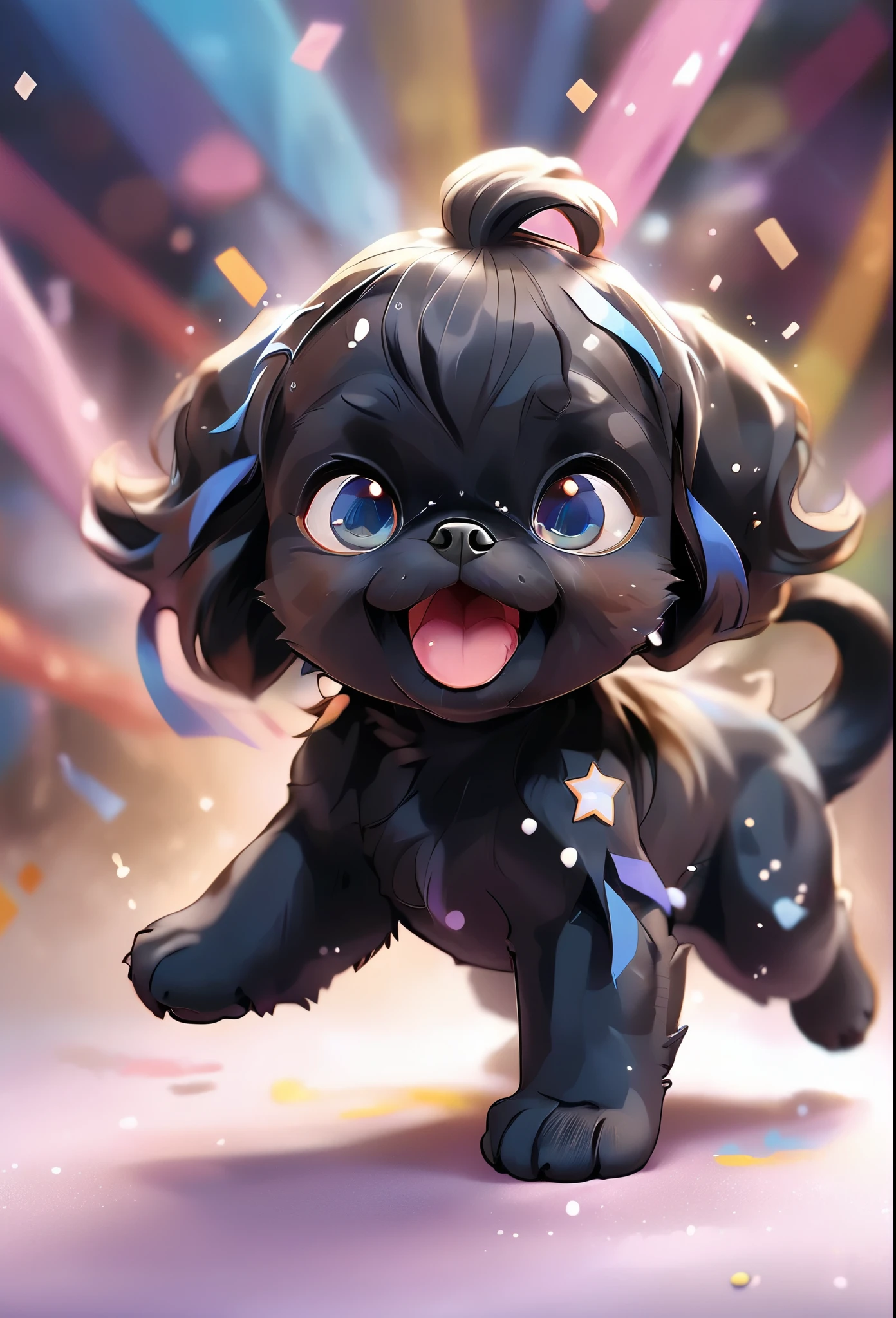 Ultra-small deformation,pop art, (from above), A black Shih Tzu puppy with blue eyes is curling up in the air, surrounded colorful ribbons and particles shaped star, falling through the air, lie on back spreading arms and legs wide, close up happily expression toward the viewer, smoke screen, speed line, Dynamic Motion Blur, Dynamic action scenes 3D Pixar style