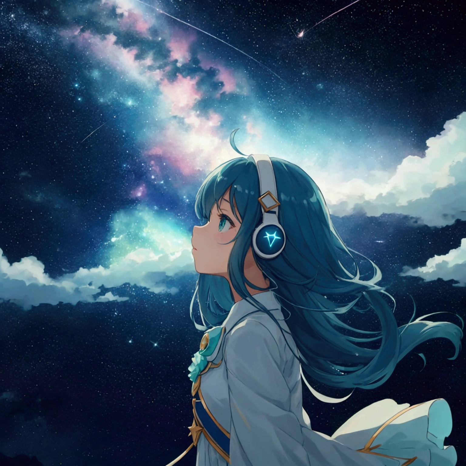 Serena, young girl, headphones on, fleet, shining stars, immersed melodies, hip hop lofi, They shine like shooting stars, color according to the moonlight.. que refleja un cielo estrellado donde las constelaciones se mueven y las nubes fleetn por la escena, while a great shooting star lights up the sky. Smooth and ethereal animation style, with a palette of soft and nocturnal colors: dark blues, luminous greens and stellar pinks. . The atmosphere is magical and dreamy. foreground, side profile.