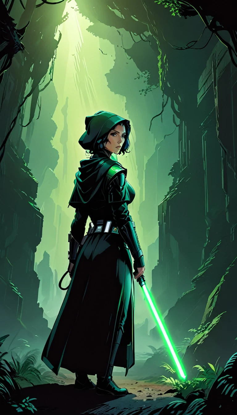 (ohwx woman), a woman in a hooded robe, carrie-ann moss as a jedi master, green lightsaber close to face, dramatic lighting, ultra-detailed, 8k, photorealistic, dramatic cinematic lighting, chiaroscuro lighting, moody atmosphere, dynamic pose, heroic, epic fantasy, line art, flat colors, full body shot, panoramic view to immersive background of ruins on alien planet, star wars style