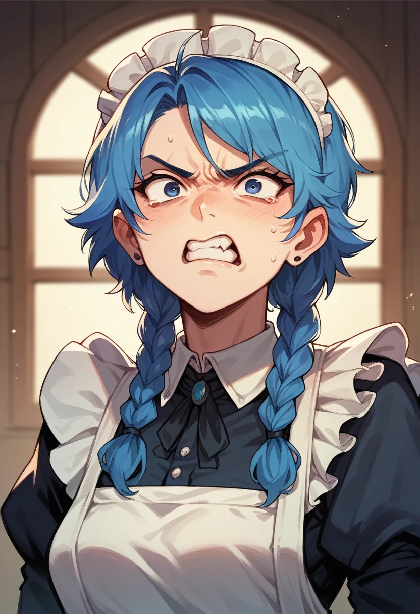 blue-haired maid angry because the house is messy