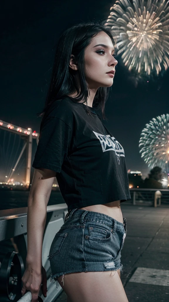 (Best quality, skin detail), 1 girl, White skin, goth style makeup, profile look up, straight black hair, fireworks background on the bridge, Oversized black t-shirt, gray denim shorts, cigarette in hand