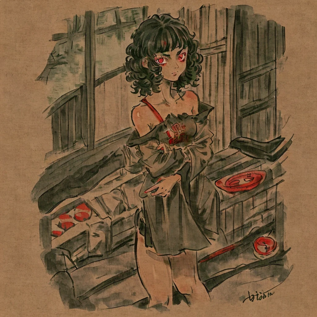 Latina age girl with red eyes, black dyied green hair, short and curly, wearing British , living in a cottage, tan body color, small, small breasts, slim. Anime style.