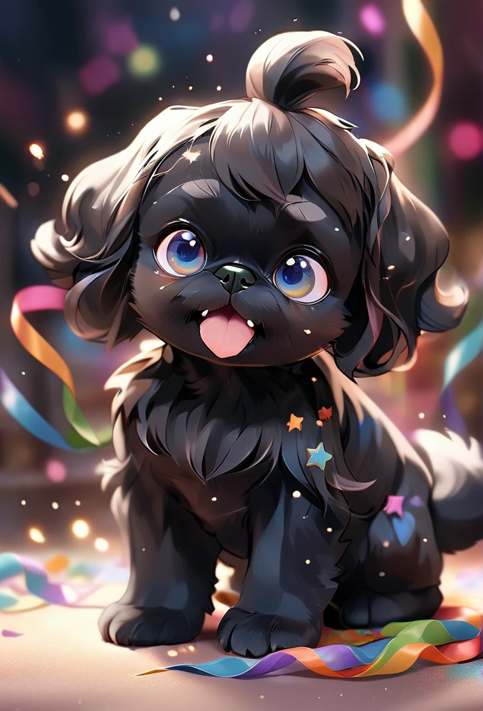 a black shih tzu puppy with beautiful detailed blue eyes, curling up in the air, surrounded by colorful ribbons and star shaped particles, falling through the air, lying on back spreading arms and legs wide, close up happily expression toward the viewer, smoke screen, speed lines, dynamic motion blur, dynamic action scenes, 3d pixar style, pop art, ultra-detailed, best quality, 8k, photorealistic, hyper detailed, studio lighting, vibrant colors, neon colors, glowing, ethereal, whimsical, magical
